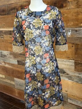 Petit Pois by Viviana G Floral Nylon Mesh Lace Trim Sheath Back Zip Dress EUC